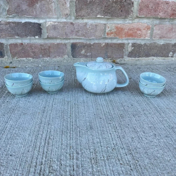 Other - Japanese Teapot and 6 cups Set Blue light green Gold Crane Birds MCM